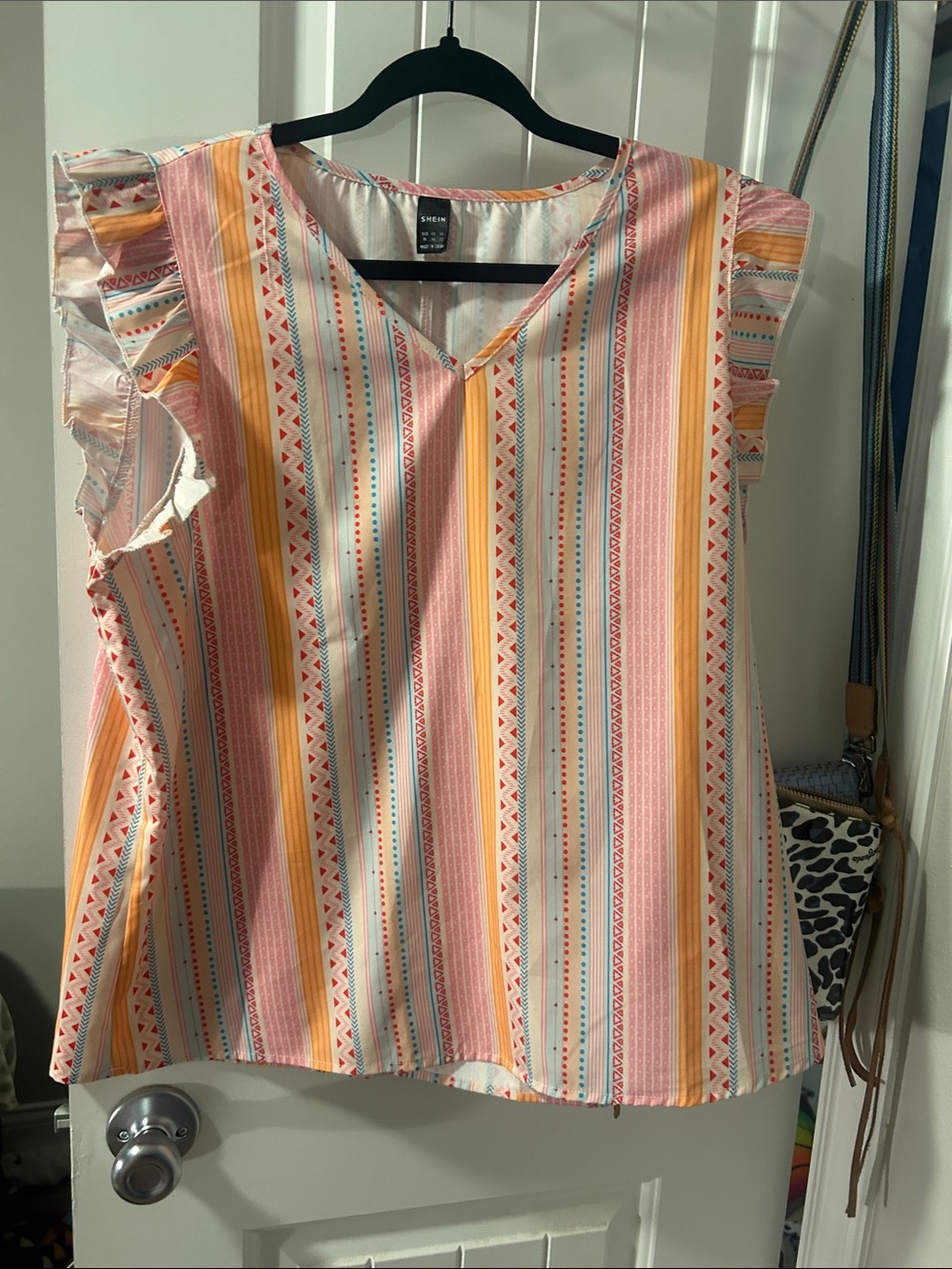 SHEIN Pink, Yellow & White Striped Ruffle-Sleeve V-Neck Blouse